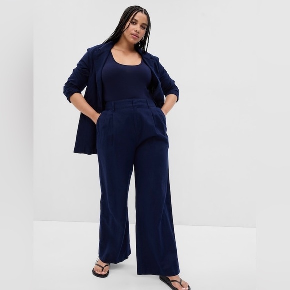 NWT! GAP Uniform Navy High Rise Linen-Cotton Pleated Wide Leg Pants 🔹 - Picture 4 of 10